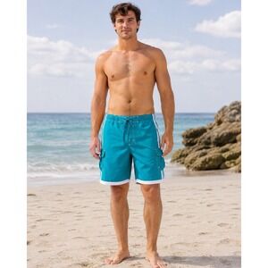 Vintage Y2K Joe Boxer Mens XL Swim Trunks Board Shorts Teal Cargo NWT Sears